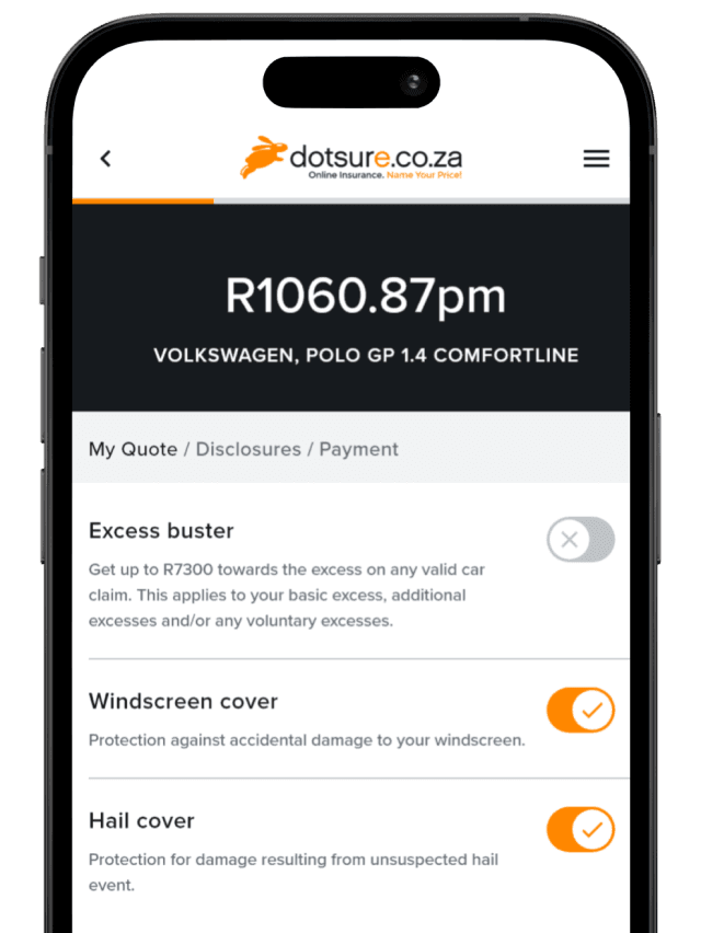 An iPhone showing the motor quote and buy configuration screen.